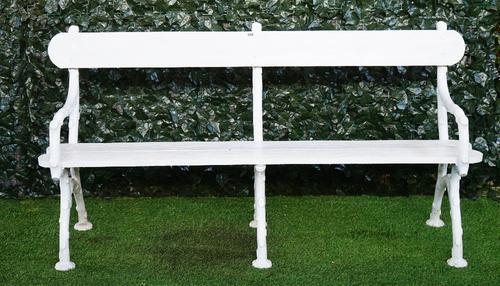 BAY LISS W-HAMPTON; a 19th century cast iron white painted garden bench with naturalistic cast supports united by wooden splats, 173cm wide x 90cm hig