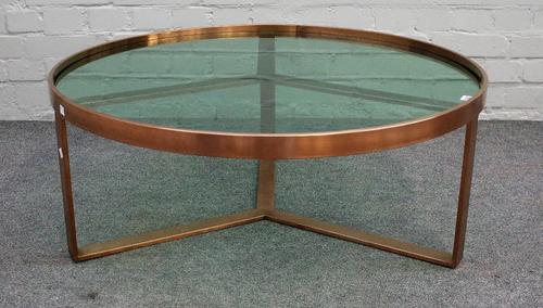20th century design; a modern lacquered brass circular coffee table, with glass inset top, 90cm diameter x 35cm high.