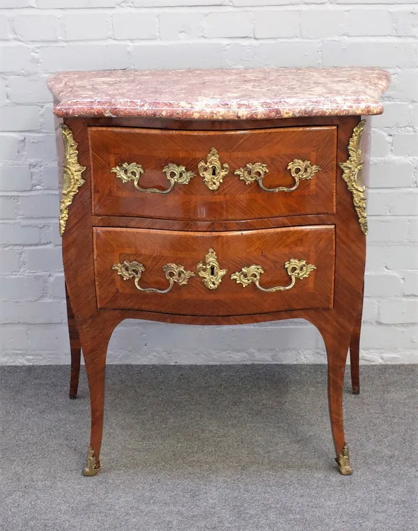 A Louis XV style gilt metal mounted marble top commode with bombe two drawer base on cabriole supports, 82cm wide x 86cm long.