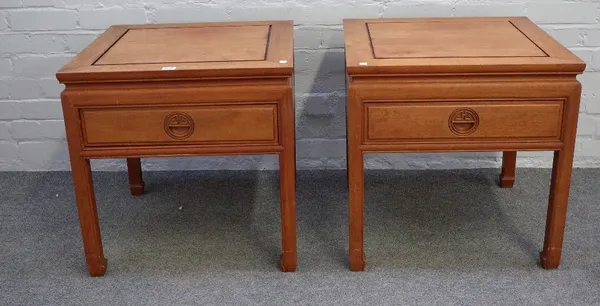 A pair of 20th century Eastern hardwood square single drawer side tables, on block supports, 56cm wide x 56cm high, (2).