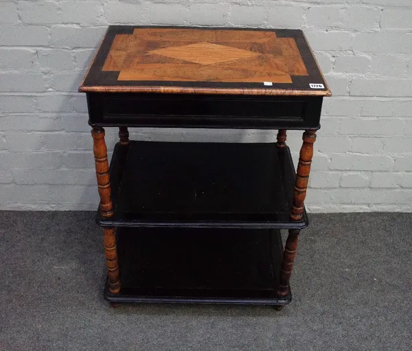 A 19th century colonial three tier occasional table with parquetry specimen wood inlaid top over a frieze drawer, 57cm wide x 77cm high.