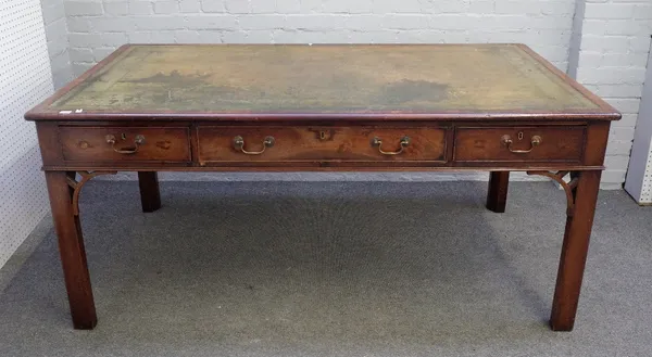 A large George III style mahogany library table, the leather inset top over six opposing frieze drawers, on canted square supports, 19th century, 183c