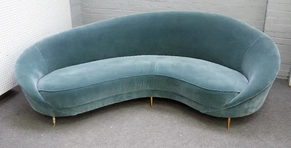 Retro design; a modern curved sofa, on six tapering gilt metal supports, 245cm wide x 82cm high.