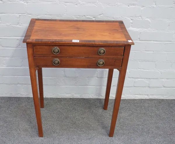 A small George III rosewood banded satinwood and mahogany two drawer side table, on square supports, 53cm wide x 67cm high.