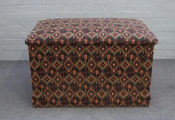 A Victorian and later carpet upholstered rectangular silver chest with lift top and iron carry handles, 100cm wide x 62cm high.