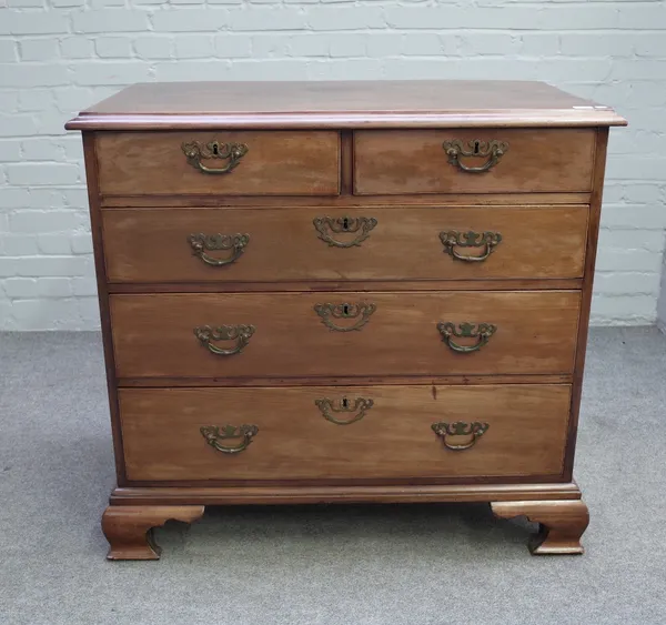 A mid-18th century mahogany chest with two short and three long graduated drawers on ogee bracket feet, 96cm wide x 90cm high.