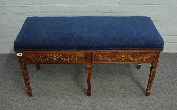 An Edwardian marquetry inlaid rosewood duet stool on tapering square supports, 96cm wide x 50cm high.