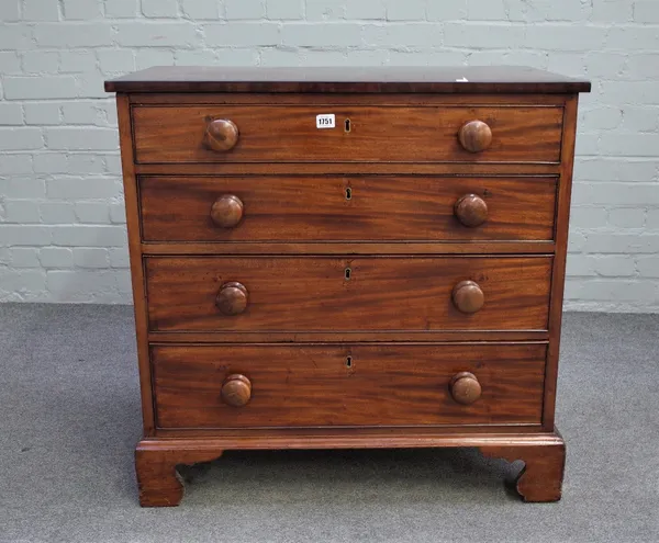 An 18th century crossbanded mahogany chest of four long graduated drawers, on bracket feet, 83cm wide x 82cm high.