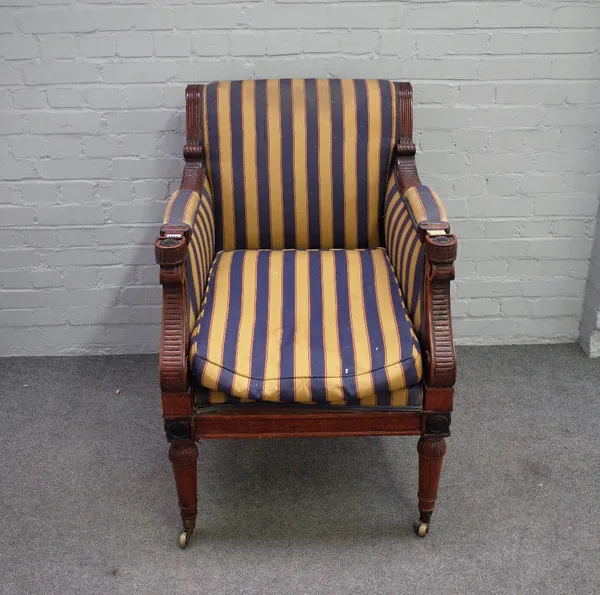 After Thomas Hope; a mahogany framed square back armchair on tapering turned supports, 67cm wide x 102cm high.