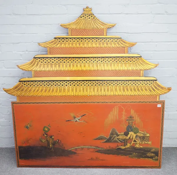 A 20th century Chinese scarlet lacquer and chinnoiserie decorated pagoda shape wall mount /single bed, 150cm wide x  147cm high.