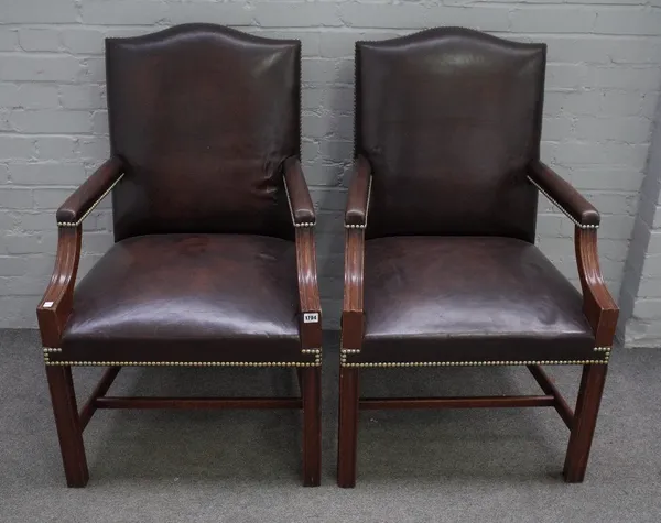 A pair of George III style mahogany framed hump back open armchairs on square supports, 62cm wide x 100cm high.