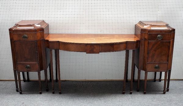 A late George III mahogany sideboard, with central bow two drawer front flanked by pedestals, 250cm x 110cm high.