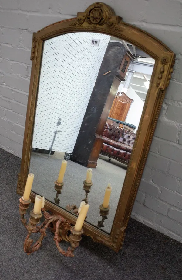 A Victorian girandole gilt framed wall mirror with arch top over triple branch candle sconce, 57cm wide x 100cm high, together with the original mirro