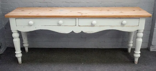 A Victorian pine dresser base/serving table the stripped top over a pair of frieze drawers on turned supports, 193cm wide x 76cm high.