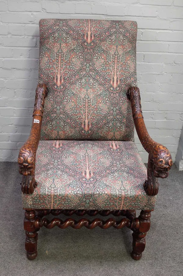 A mahogany framed square back open armchair with beast head arm finials on barley twist supports, elements 19th century, 68cm wide x 120cm high.