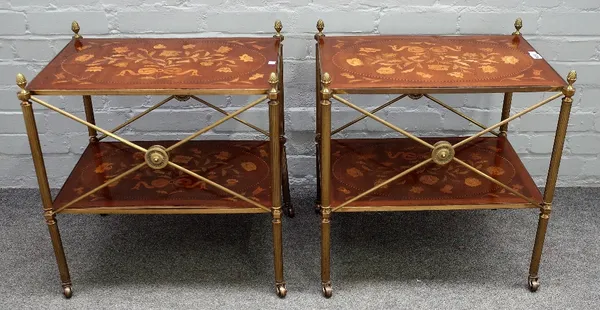 A pair of lacquered brass and floral marquetry inlaid rectangular two tier etageres on reeded supports, 57cm wide x 59cm high.