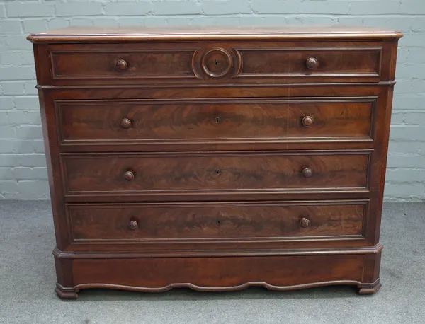 A 19th century French mahogany chest of five long graduated drawers on canted square bracket feet, 120cm wide x 95cm high.