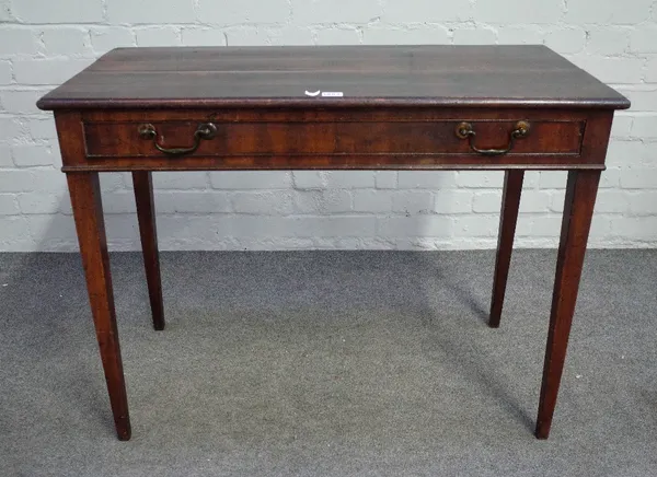 A George III mahogany side table, with frieze drawer, on square tapered legs, 92cm wide x 45cm deep x 69cm high.