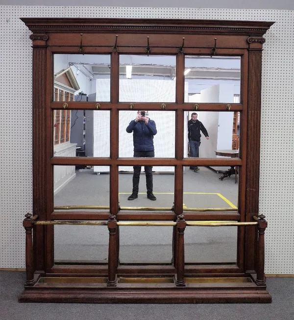 A large Victorian mahogany and brass mirrored back hall stand with triple division stick stand, 230cm wide x 213cm high. 6899