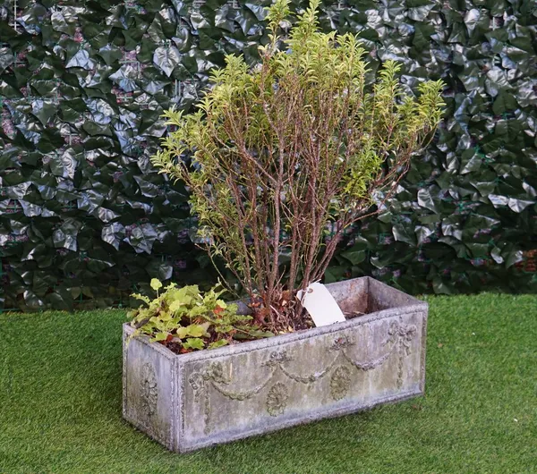 A rectangular lead planter, the sides with ribbon tied bell-flower swags, 61cm wide x 22cm deep x 21cm high together with two small marble planters, 3