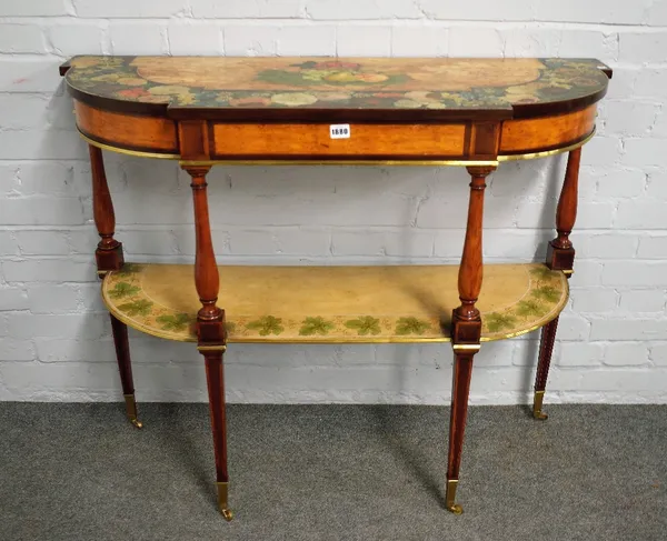 A pair of polychrome painted two tier console tables of breakfront D shape form on turned and tapering square supports, 18th century and later, 109cm