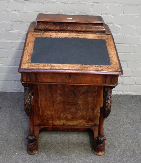 A Victorian walnut burr walnut rosewood crossbanded boxwood strung Davenport, the raised back with a fitted stationery compartment, having an inset sl