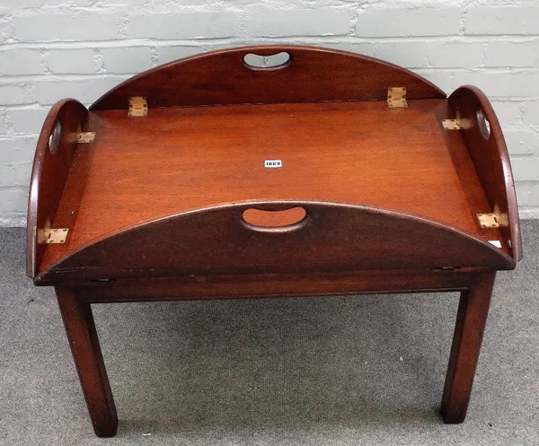 An 18th century style mahogany drop flap butlers tray on stand, 79cm wide x 56cm high.