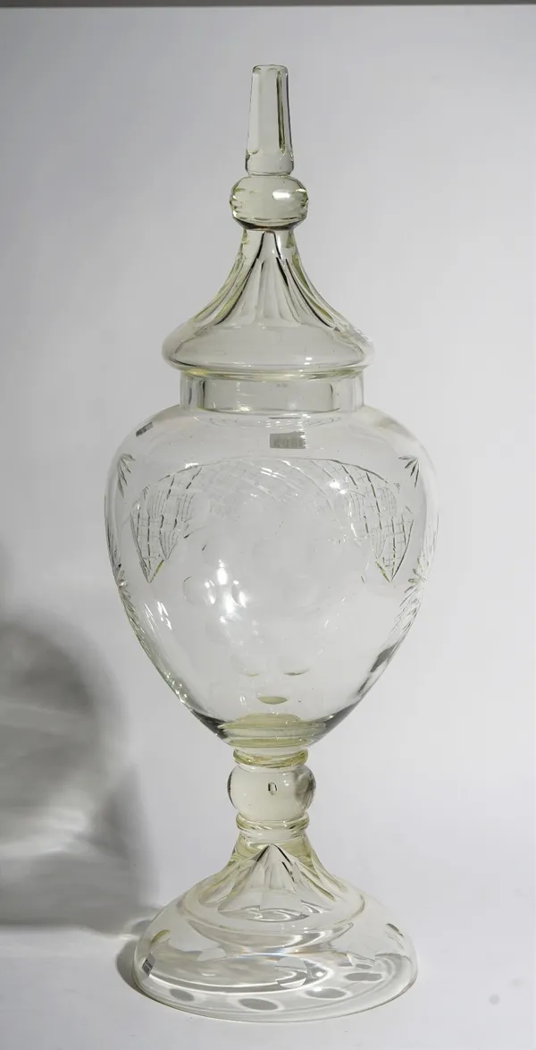 A tall cut glass apothecary vase and cover, early 20th century, 78cm. high, (2).