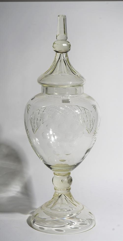 A tall cut glass apothecary vase and cover, early 20th century, 78cm. high, (2).