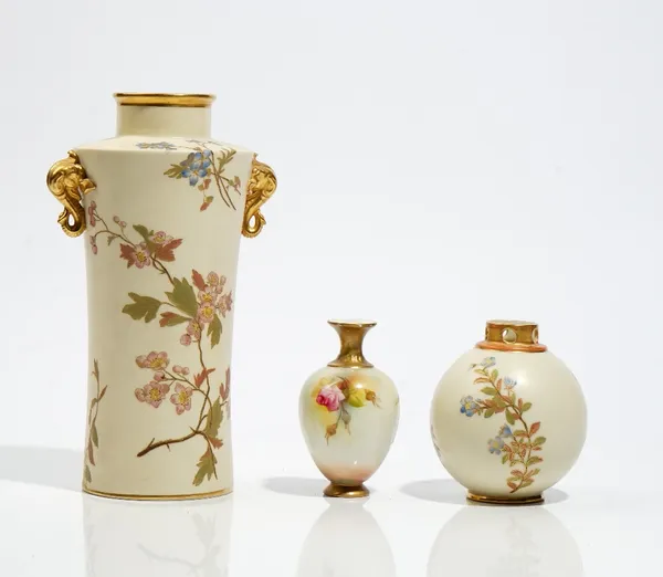 A Royal Worcester vase, circa 1892, of gently waisted form, painted with flowers and set with gilt elephant head handles, puce printed marks, shape 63