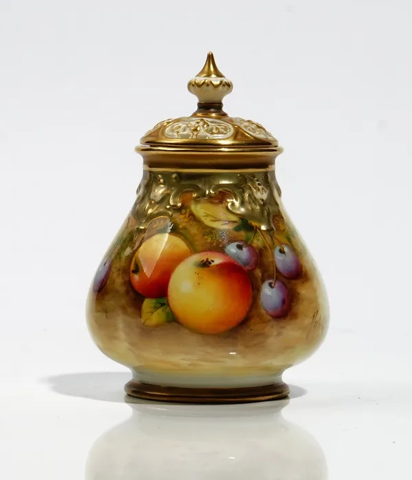 A Royal Worcester small pot pourri vase and pierced cover,of lobed pear form painted with fruit, indistinctly signed, black printed marks. 12.75cm hig