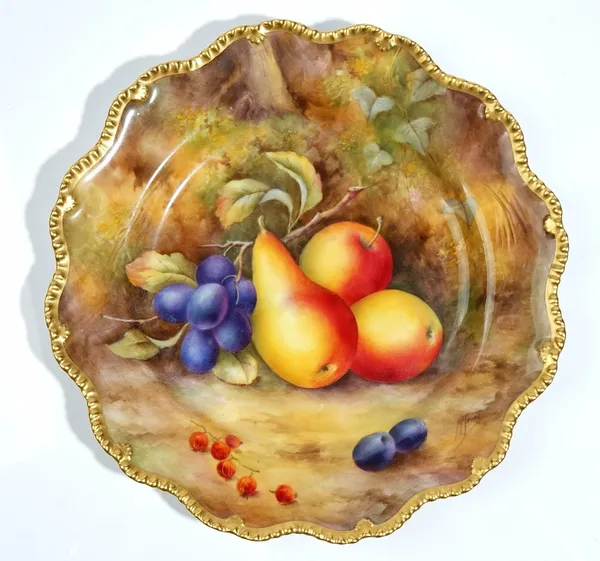 A Royal Worcester plate, circa 1937, painted by H.Price, signed, with an arrangement of fruit inside a gilt wavy rim, puce printed mark, 22cm. diamete