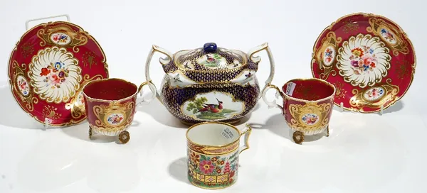 A group of English porcelains, early 19th century, comprising; a Chamberlain's Worcester oblong sucrier and cover, painted with panels of exotic birds