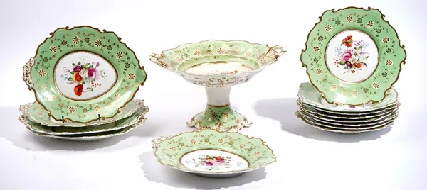 An English porcelain part dessert service, possibly Minton or Ridgway, circa 1840's, each piece painted with a central flower group against a green an