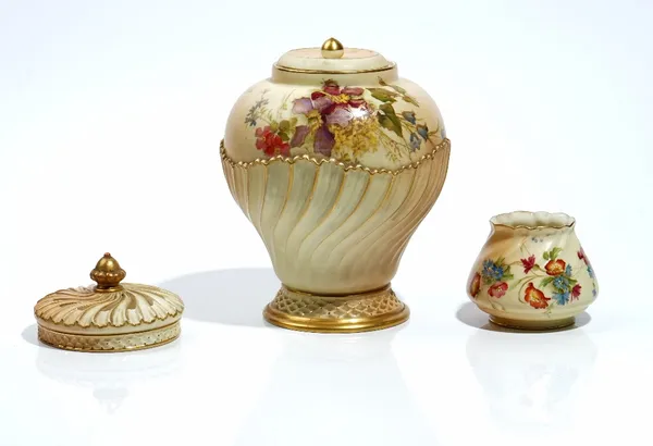 A Royal Worcester rose jar, lid and pierced cover, circa 1903, decorated with flowers against a shaded apricot ground, green printed marks, shape 1720