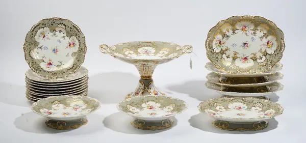 An English porcelain part dessert service, probably Ridgway or Minton, 1840's, painted with flower sprays inside a gilt-edged grey border, comprising;