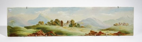 An English earthenware rectangular plaque, late 19th/early 20th century, painting with an extensive country landscape with ruins and sheep grazing, 20