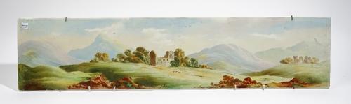 An English earthenware rectangular plaque, late 19th/early 20th century, painting with an extensive country landscape with ruins and sheep grazing, 20
