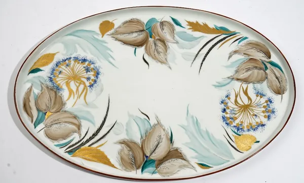 A large Soviet porcelain oval tray, State Porcelain Manufactory, dated 1920, painted with flowers and leaves beneath a brown line rim, blue painted fa