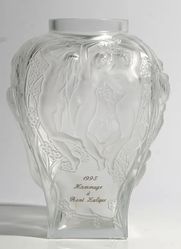 `Hommage a René Lalique', a Lalique frosted and polished crystal vase, 1995, moulded with nudes, mermaids, birds and fish, engraved Lalique France and