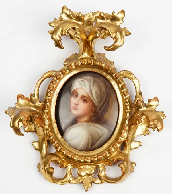 A small German oval porcelain plaque, late 19th century, painted with a portrait of Beatrice Cenci after Guido Reni, indistincly signed Lochner (?), t