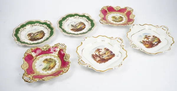 Three pairs of Ridgway porcelain two-handled dessert dishes, 1830's, each painted with a landscape vignette against a green, claret or white ground en