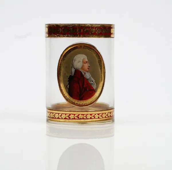 An Austrian zwischengold glass date portrait beaker by Johann Joseph Mildner, 1792, of cylindrical form, painted with a portrait of a fashionable gent