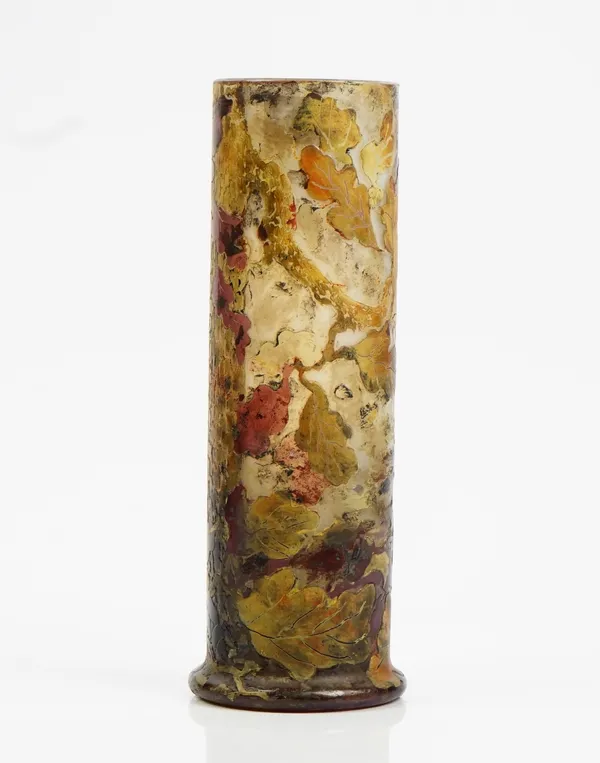 A Muller Croismare `fluogravure' cameo cylindrical glass vase, early 20th century, acid etched in relief with a shepherdess with two sheep standing be