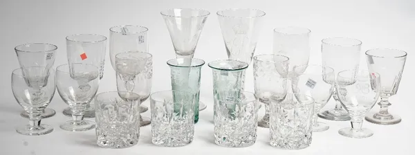 Two Whitefriars engraved glass Queen Elizabeth II coronation goblets, 1953, each approx 21cm high; four Webb engraved 1953 coronation wine glasses, 12