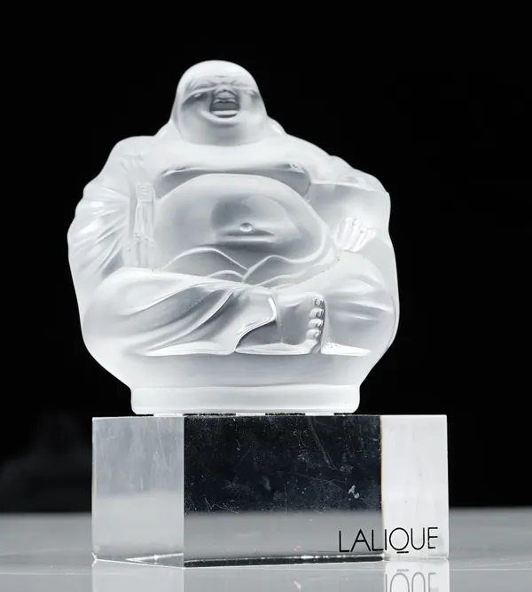 A Lalique frosted glass Happy Buddha,post 1980,  engraved Lalique France and R to base, 11cm. high, rectangular plinth base.