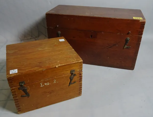 A 19th century Stanley surveyors telescope, 38cm wide x 22cm high, in the original fitted case and a Gambrell Bros and Co resistance box