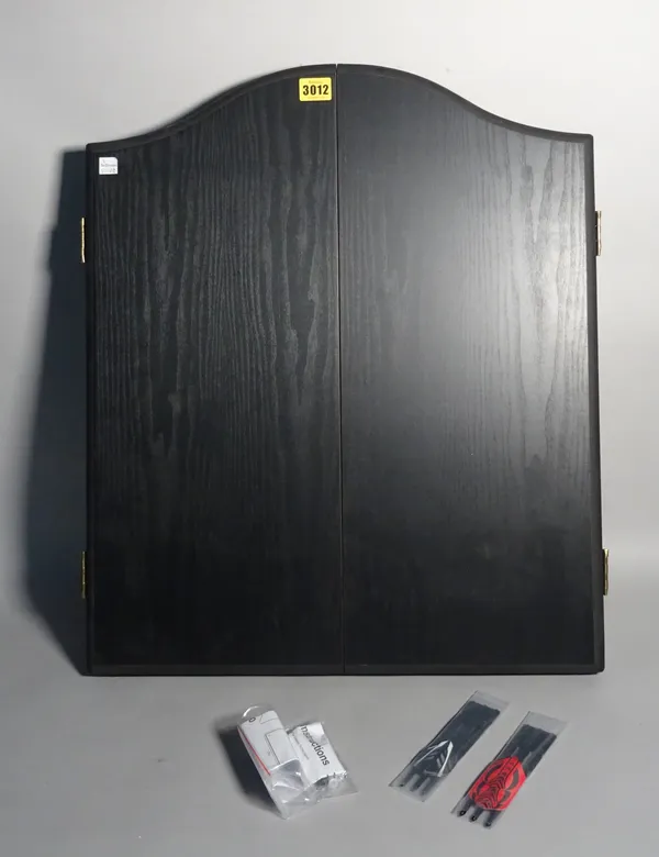 A modern wall mounted darts board with case, 50cm wide x 60cm high.