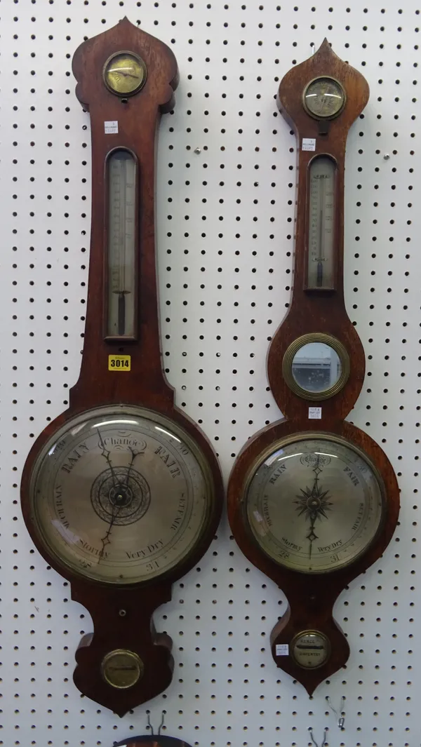 A 19th century rosewood wall barometer, 100cm high, together with a similar smaller example with inset mirror, 95cm high, (2).