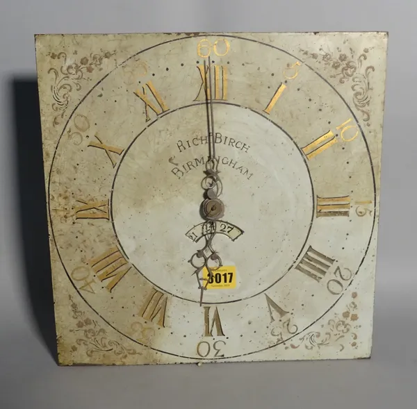 A 19th century longcase clock movement detailed 'Rich D Birch, Birmingham', 31cm x 31cm.